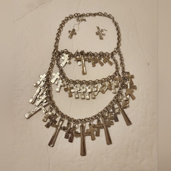 Treska Silver Cross Multi-Layer Statement Matching Necklace and Earrings - Picture 2 of 4
